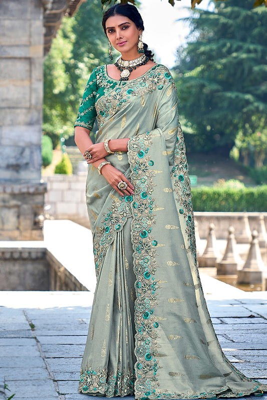 Zari Embroidered Gray Silk Wedding Wear Saree