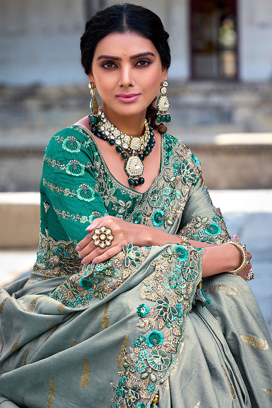 Zari Embroidered Gray Silk Wedding Wear Saree