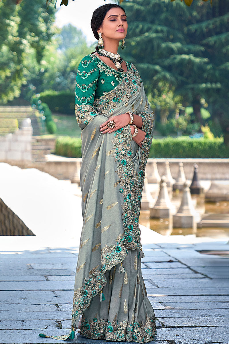 Zari Embroidered Gray Silk Wedding Wear Saree