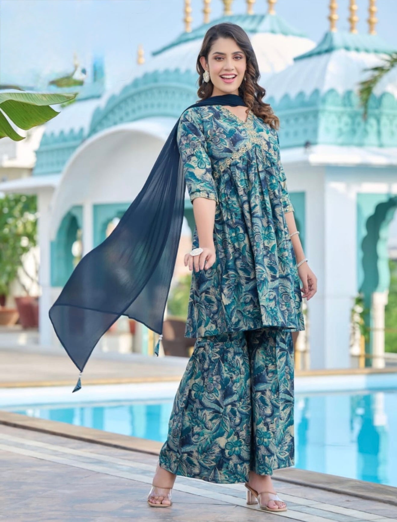 Blue printed Alia Cut floral short kurti Sharara set with chiffon dupatta