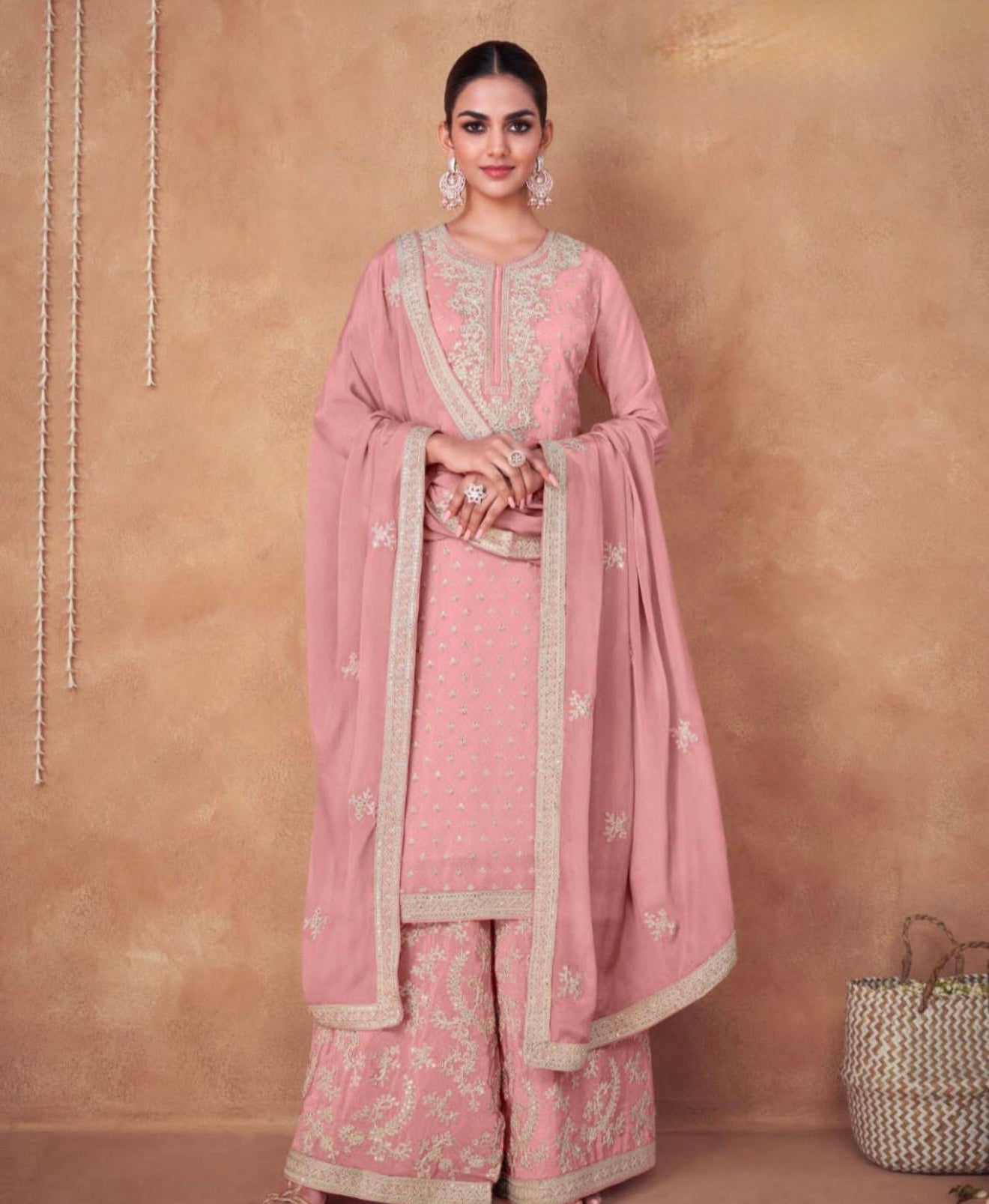 Pink Sharara with white thread embroidery