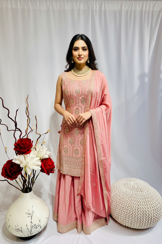 Pink Sharara with intricate silver thread embroidery