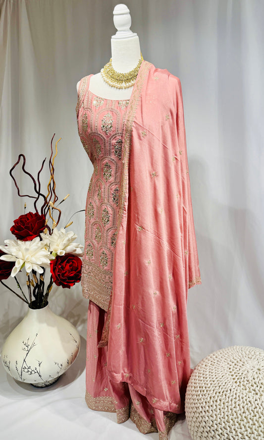Pink Sharara with intricate silver thread embroidery