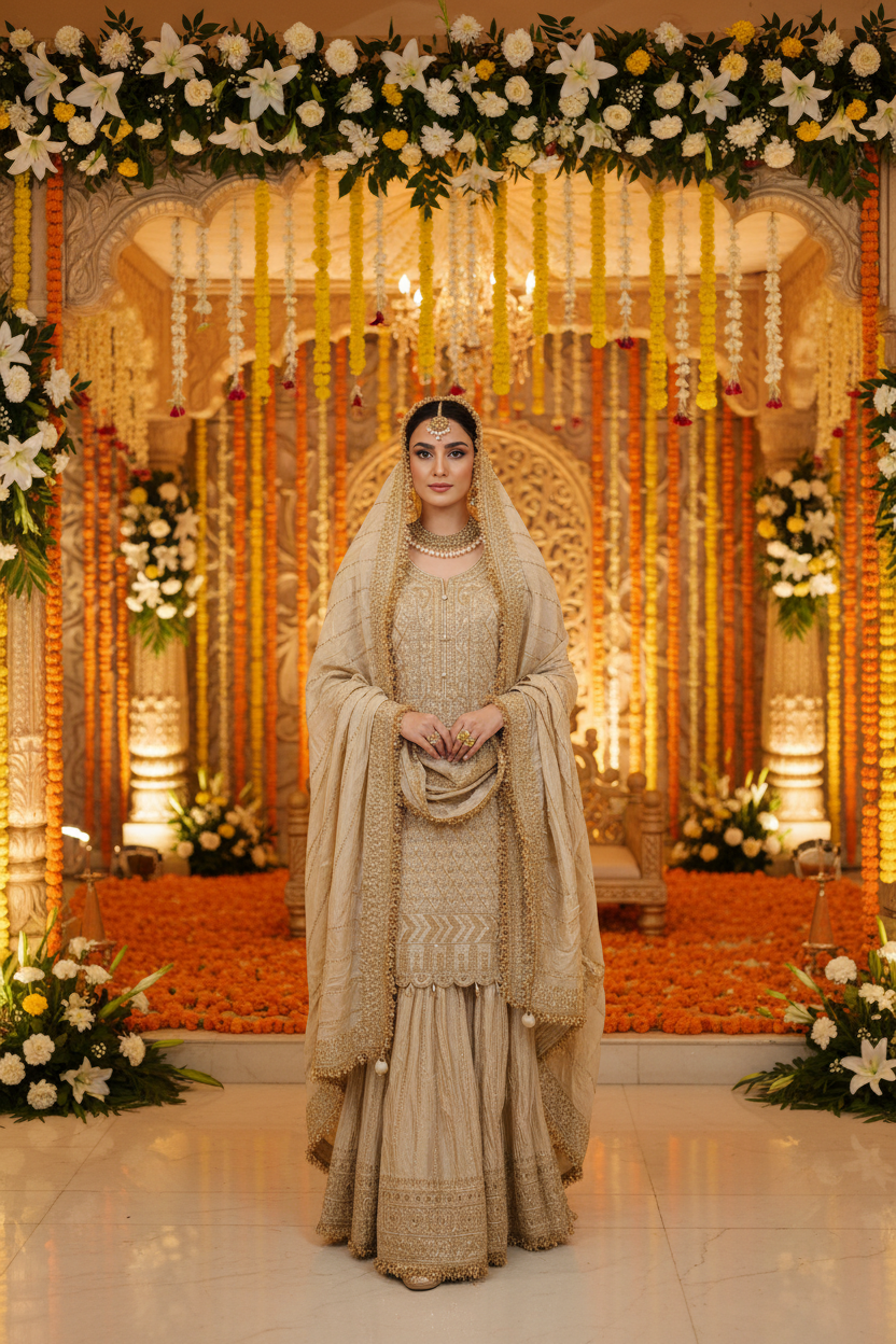 Elegant gold sharara with sequin work on top and sharara and gota jhalar on dupatta