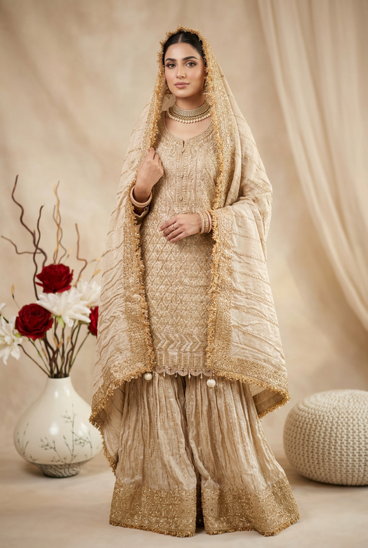 Elegant gold sharara with sequin work