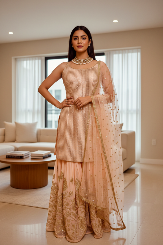 Stylish Peach Sequins Sharara Suit