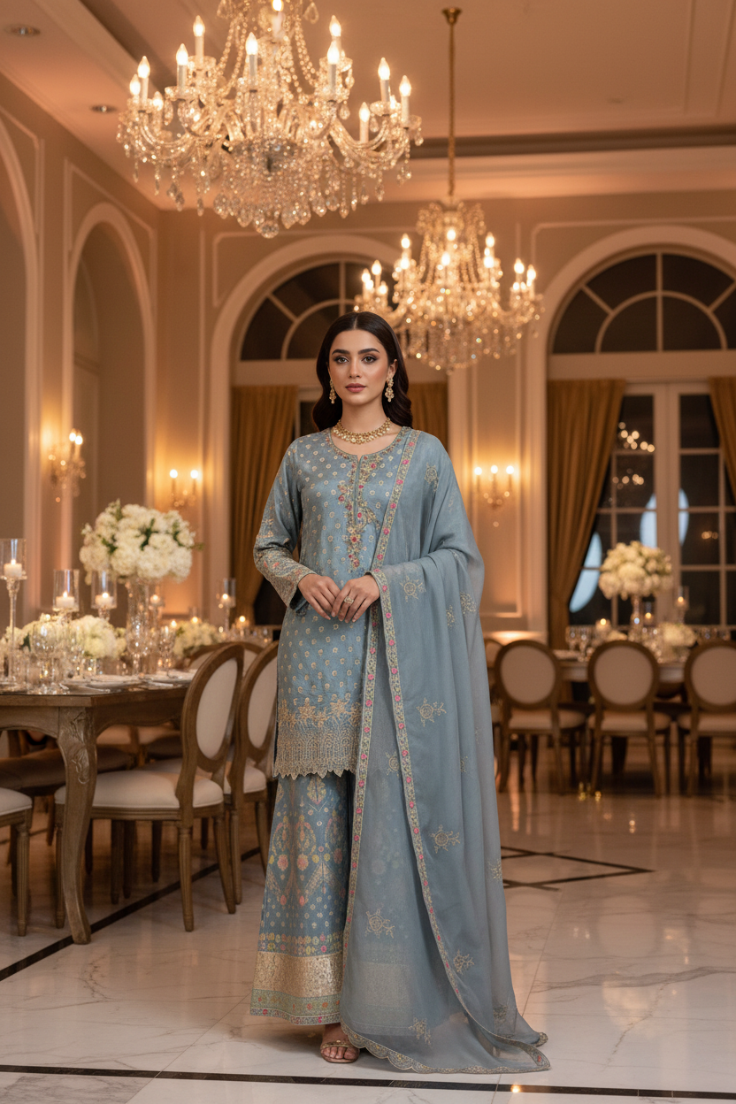 Ice blue embroidered sharara set