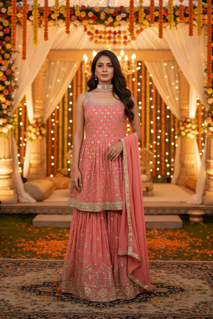Peach Embroidered sequins Sharara suit