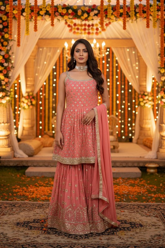 Peach Embroidered sequins Sharara suit