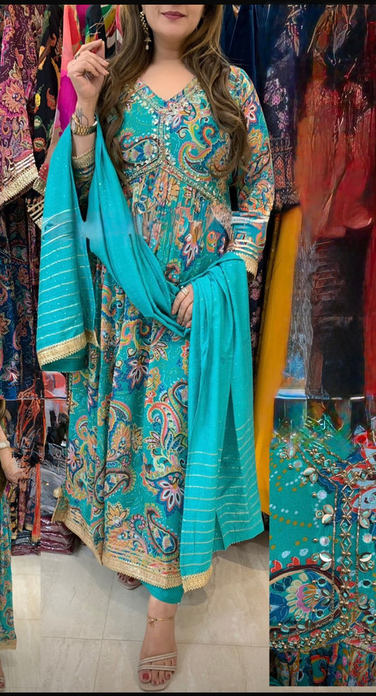 Firozi Blue Paisley print suit set