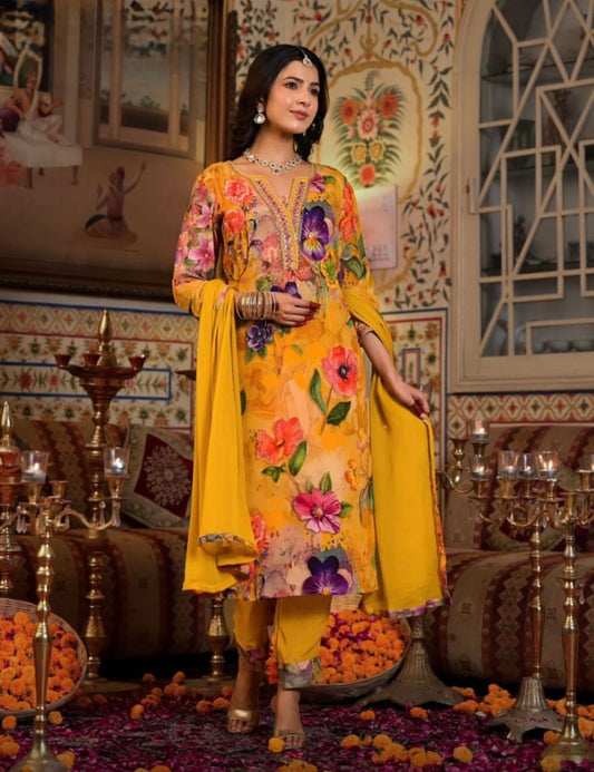Yellow Muslin Floral Digital Print